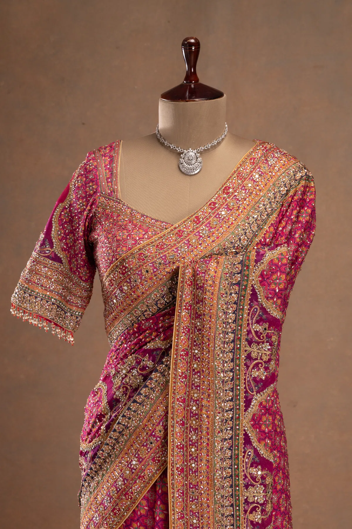 Royal Luxury Pink Pure Crepe Silk Designer Saree with Pearl, Mirror, Zari, Sequins Embroidery and American Diamond Work with Readymade Blouse (SC94111)