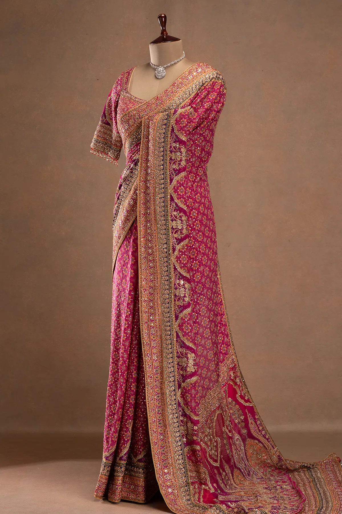 Royal Luxury Pink Pure Crepe Silk Designer Saree with Pearl, Mirror, Zari, Sequins Embroidery and American Diamond Work with Readymade Blouse (SC94111) - Image 3