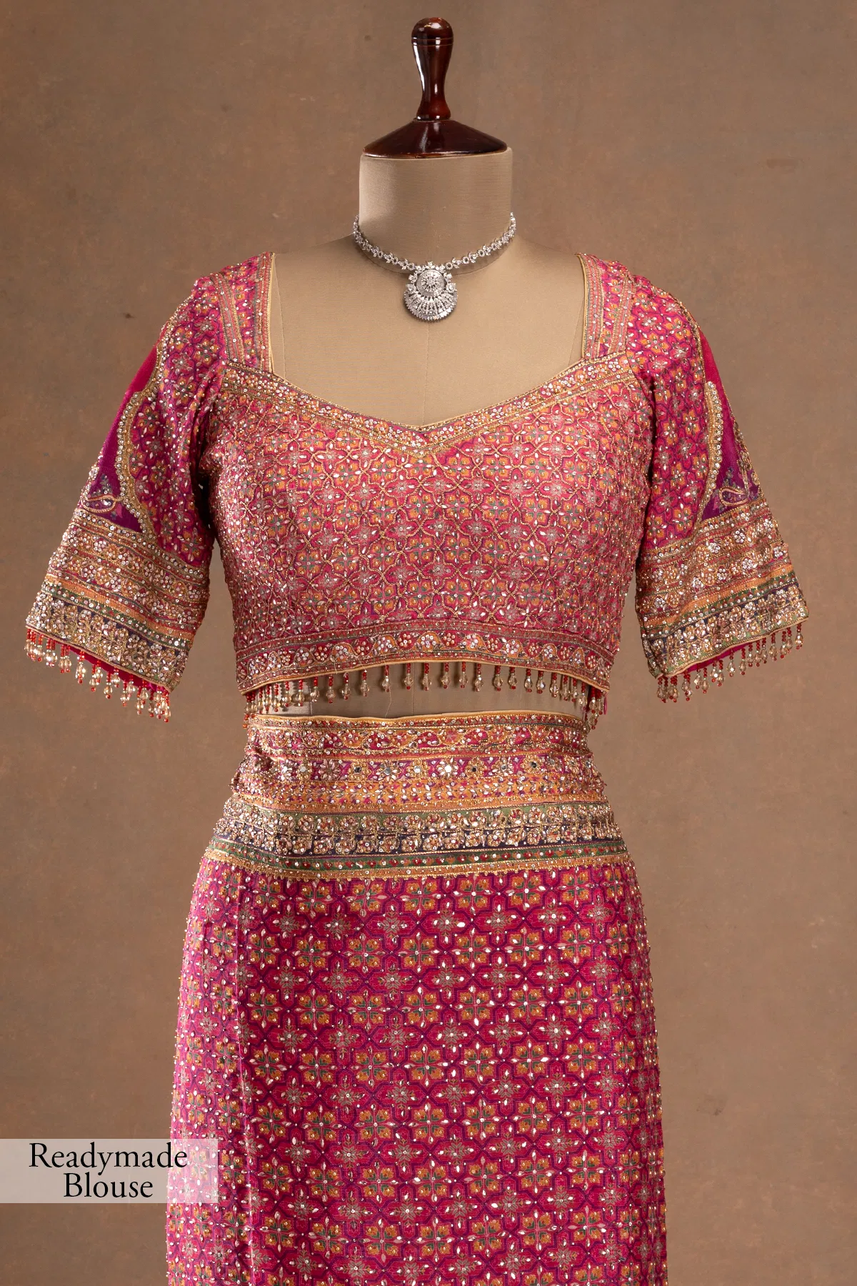 Royal Luxury Pink Pure Crepe Silk Designer Saree with Pearl, Mirror, Zari, Sequins Embroidery and American Diamond Work with Readymade Blouse (SC94111) - Image 6