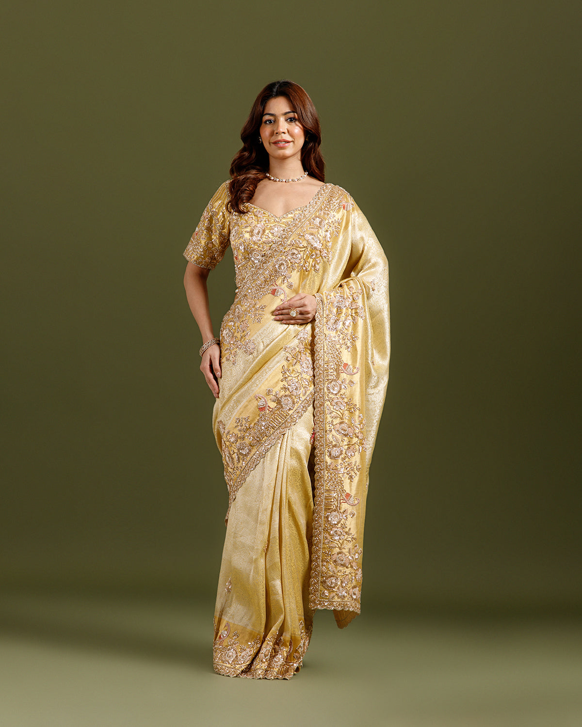 Royale Ivory (Golden) Luxury Designer Saree with Pearl, Zari, Sequins, Cutdana, Beads, Embroidery Work Saree with Readymade Blouse (SC45117) - Image 6