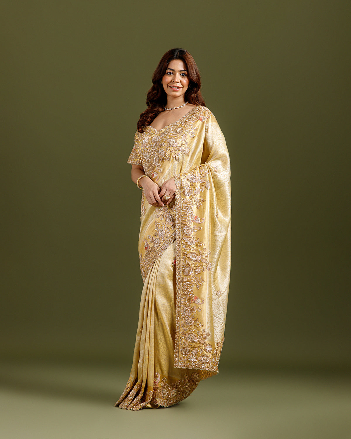 Royale Ivory (Golden) Luxury Designer Saree with Pearl, Zari, Sequins, Cutdana, Beads, Embroidery Work Saree with Readymade Blouse (SC45117) - Image 2