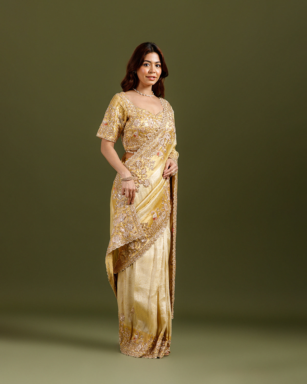 Royale Ivory (Golden) Luxury Designer Saree with Pearl, Zari, Sequins, Cutdana, Beads, Embroidery Work Saree with Readymade Blouse (SC45117) - Image 5