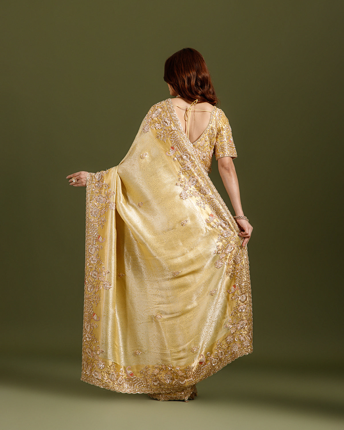 Royale Ivory (Golden) Luxury Designer Saree with Pearl, Zari, Sequins, Cutdana, Beads, Embroidery Work Saree with Readymade Blouse (SC45117) - Image 7