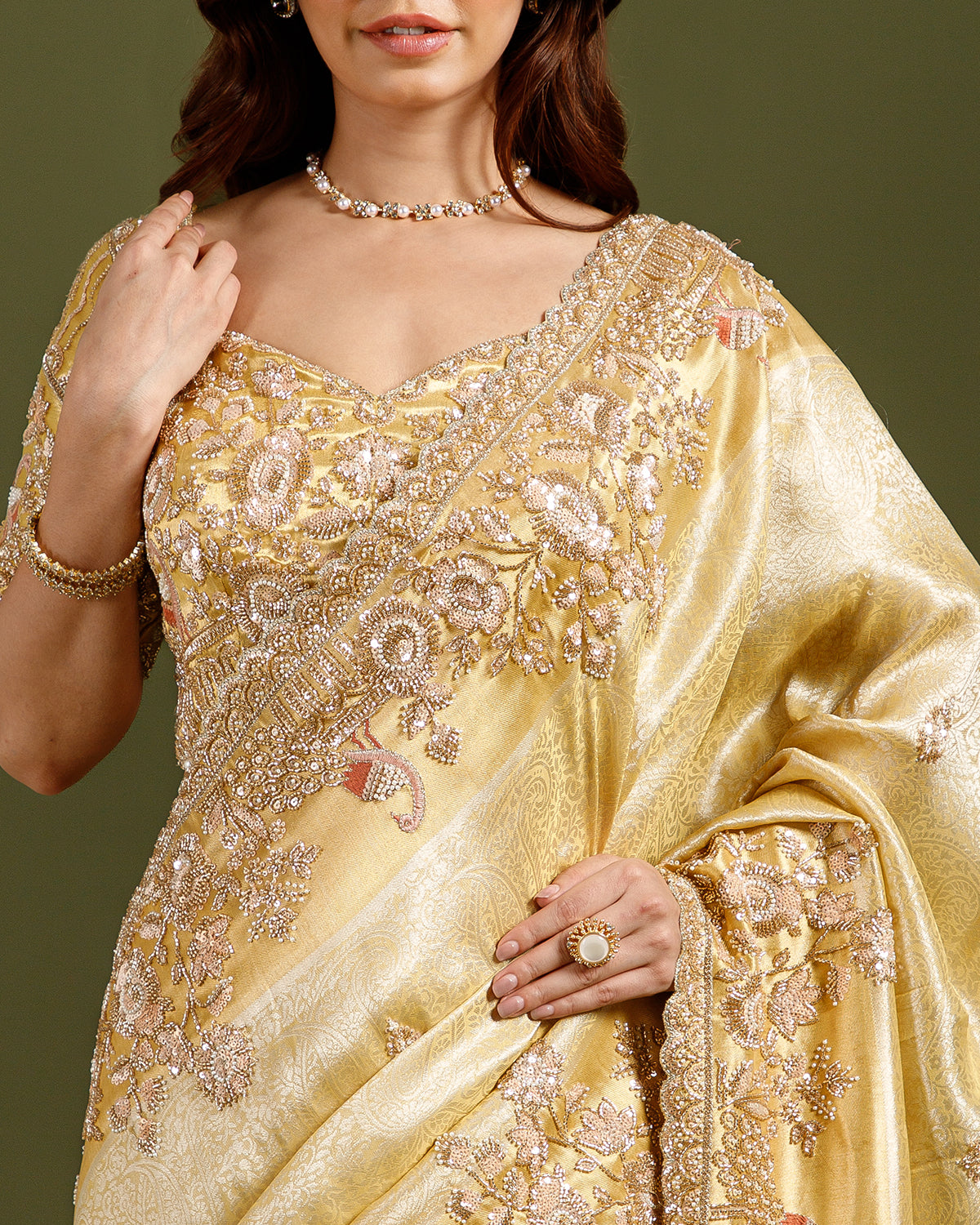 Royale Ivory (Golden) Luxury Designer Saree with Pearl, Zari, Sequins, Cutdana, Beads, Embroidery Work Saree with Readymade Blouse (SC45117)
