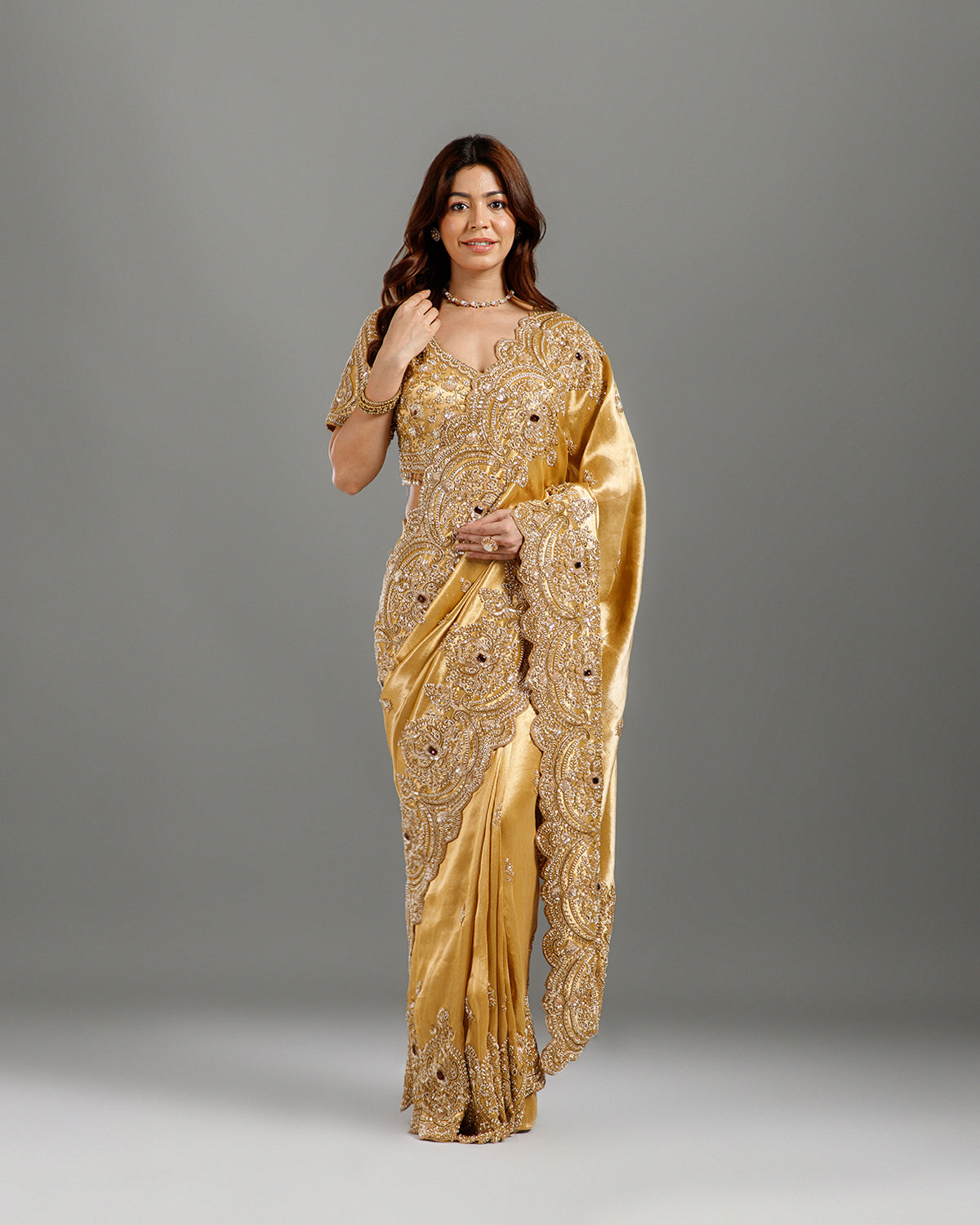 Ultra Luxury Golden Saree with Pearl, Zari, Sequins, Cutdana, Beads, Diamond Embroidery Work Saree with Readymade Blouse (SC42114) - Image 2