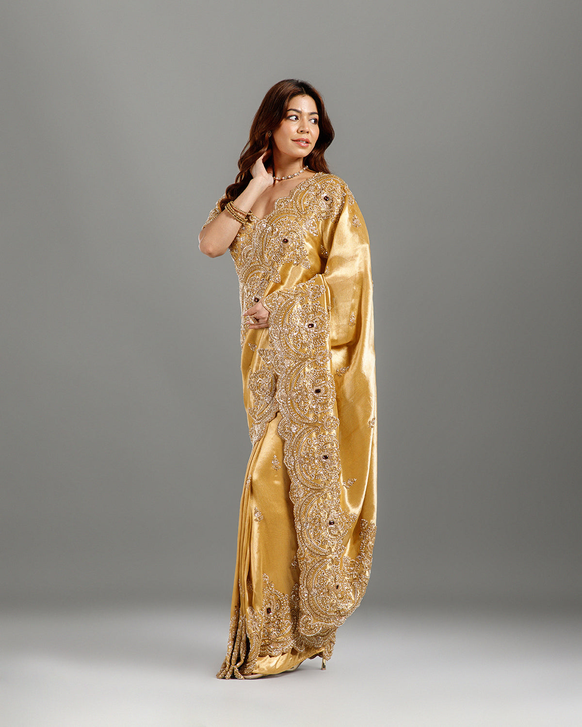 Ultra Luxury Golden Saree with Pearl, Zari, Sequins, Cutdana, Beads, Diamond Embroidery Work Saree with Readymade Blouse (SC42114) - Image 7