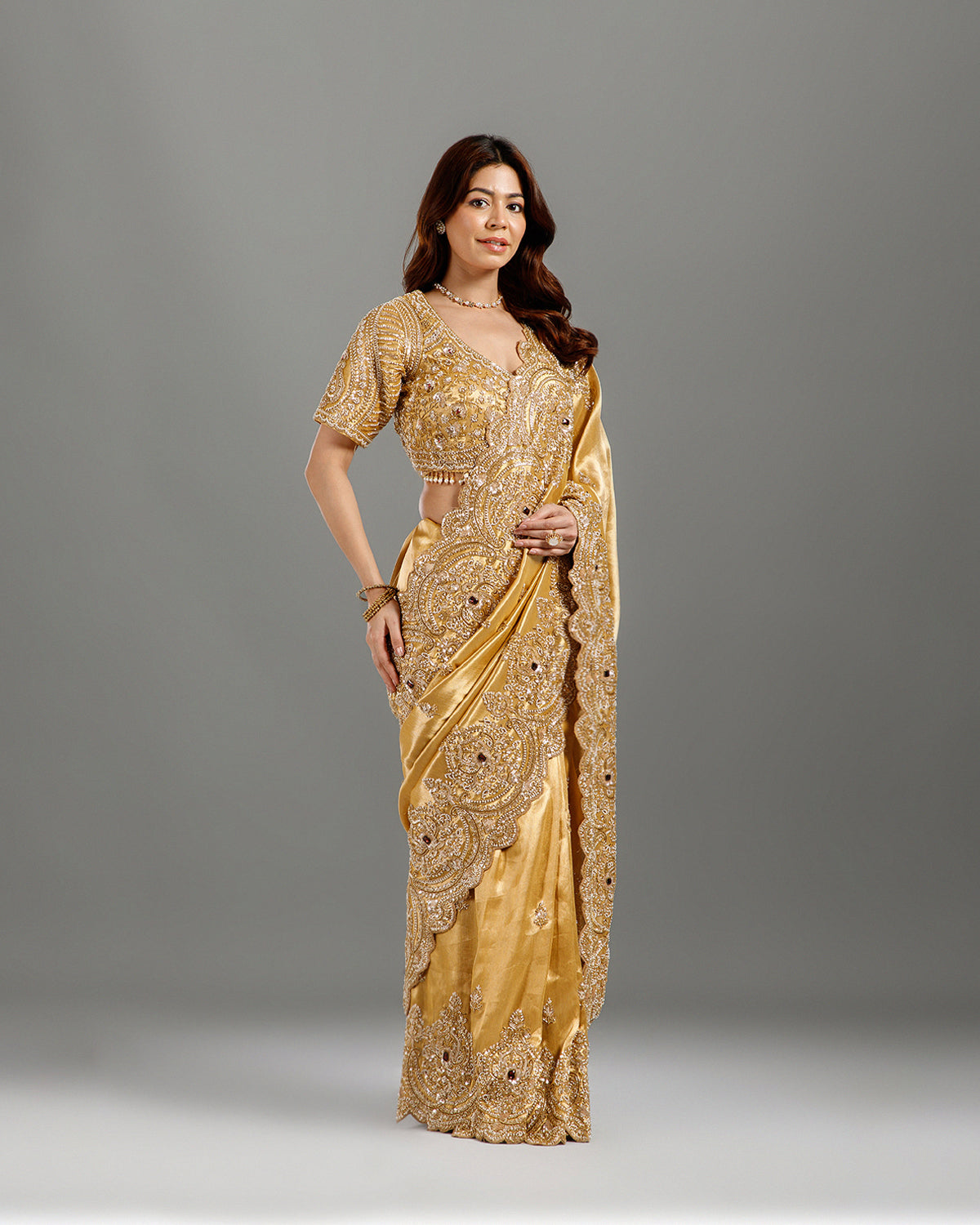 Ultra Luxury Golden Saree with Pearl, Zari, Sequins, Cutdana, Beads, Diamond Embroidery Work Saree with Readymade Blouse (SC42114) - Image 5