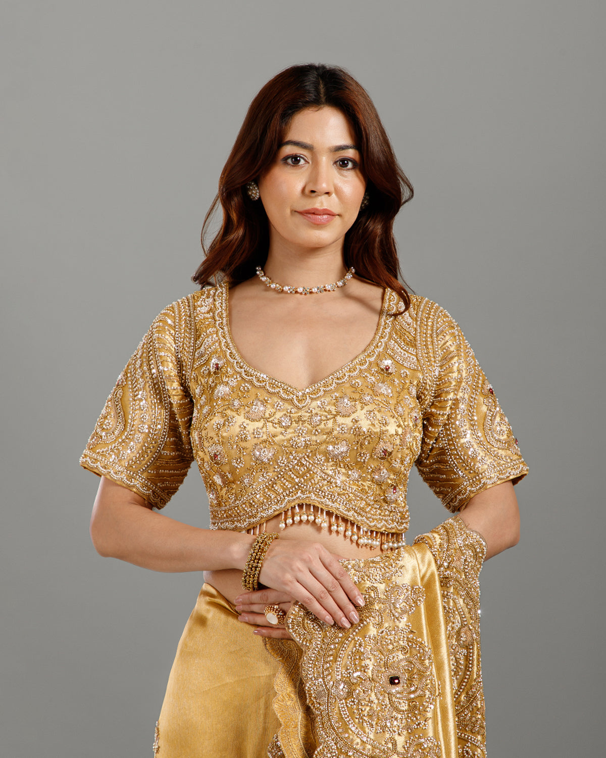 Ultra Luxury Golden Saree with Pearl, Zari, Sequins, Cutdana, Beads, Diamond Embroidery Work Saree with Readymade Blouse (SC42114) - Image 3