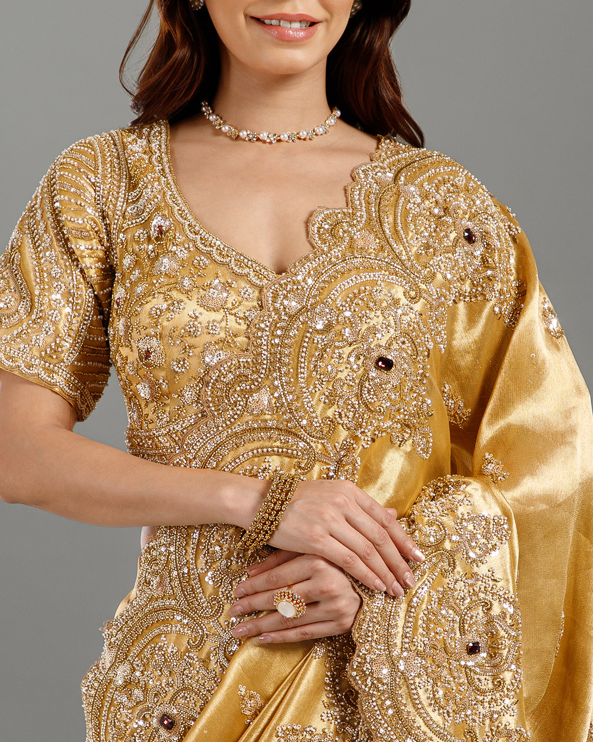 Ultra Luxury Golden Saree with Pearl, Zari, Sequins, Cutdana, Beads, Diamond Embroidery Work Saree with Readymade Blouse (SC42114)