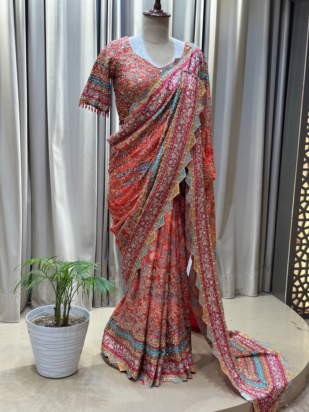 Ultra Luxury Designer Saree with Mirror Work, Elegant Gotapatti Detailing with Readymade Blouse (SC58111) - Image 7
