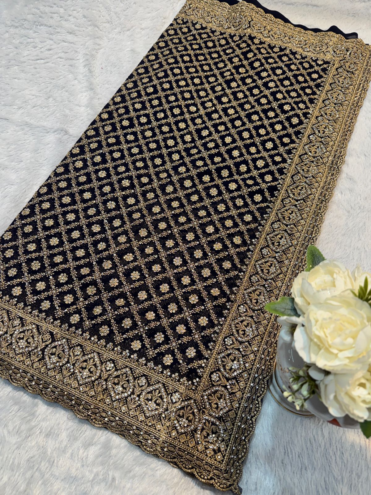 Luxury Dark Blue Georgette Saree with Zari, Jarkan Diamond Stone Embroidery Work All over Saree (SC91214)
