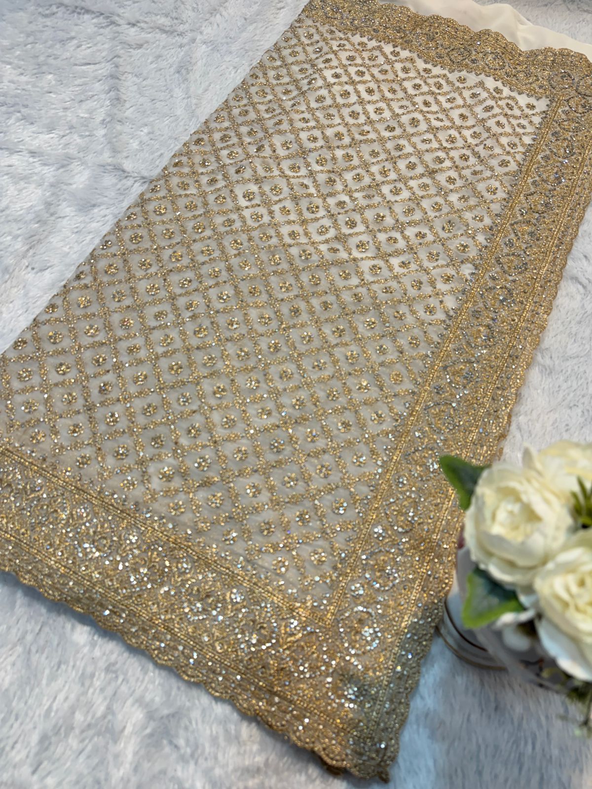 Luxury Ivory Pearl Georgette Saree with Zari, Jarkan Diamond Stone Embroidery Work All over Saree (SC91215)