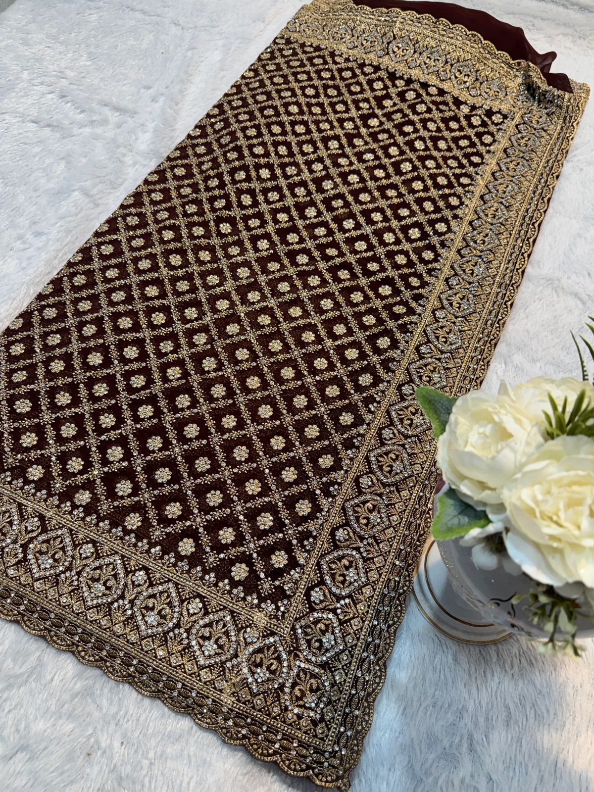 Luxury Brown Georgette Saree with Zari, Jarkan Diamond Stone Embroidery Work All over Saree (SC91217)