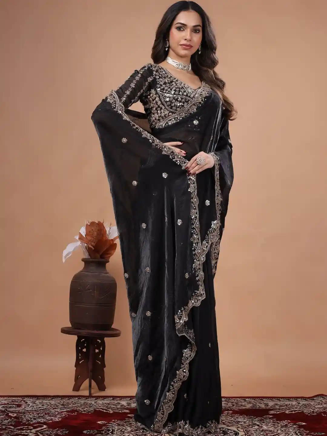 Ultra Luxury Satin Silk Saree with Sequins, Cutdana Beads Embroidery Work (SC35111) - Image 4
