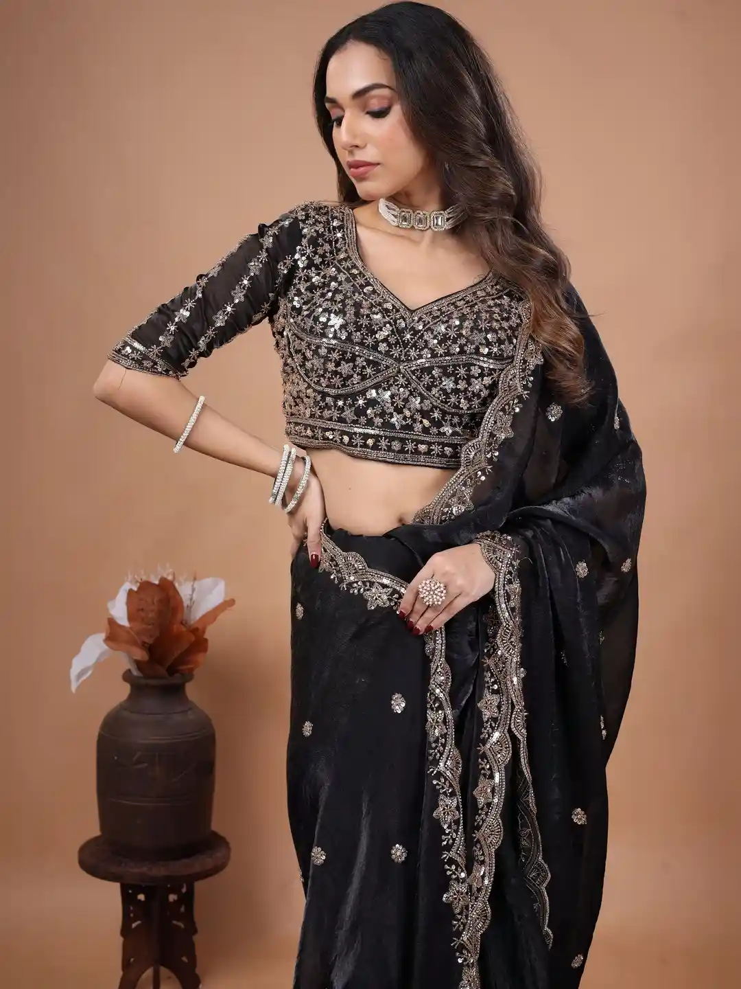 Ultra Luxury Satin Silk Saree with Sequins, Cutdana Beads Embroidery Work (SC35111)