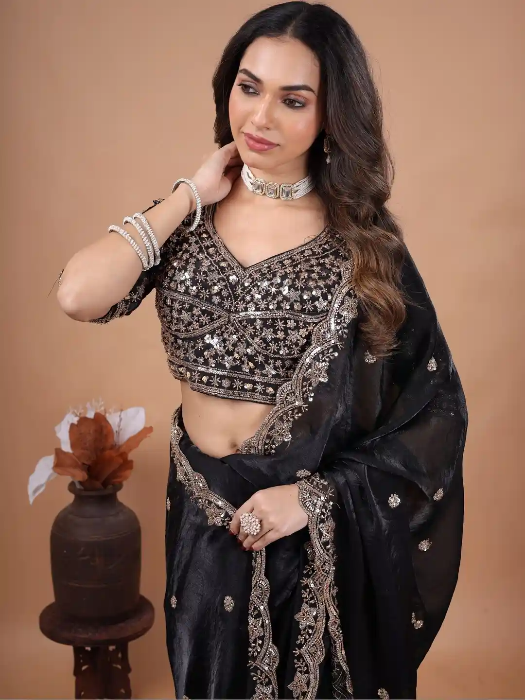 Ultra Luxury Satin Silk Saree with Sequins, Cutdana Beads Embroidery Work (SC35111) - Image 2