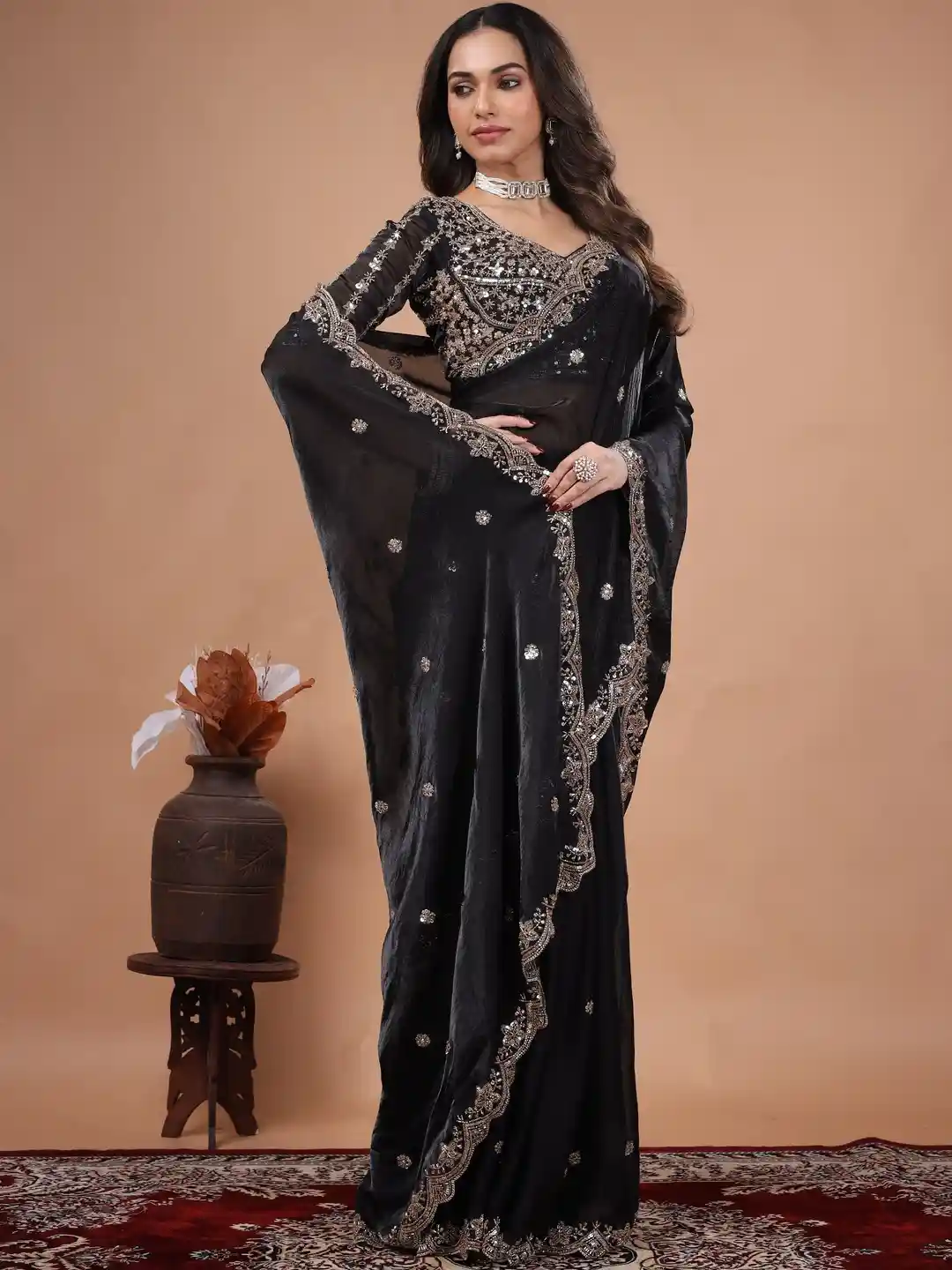 Ultra Luxury Satin Silk Saree with Sequins, Cutdana Beads Embroidery Work (SC35111) - Image 5
