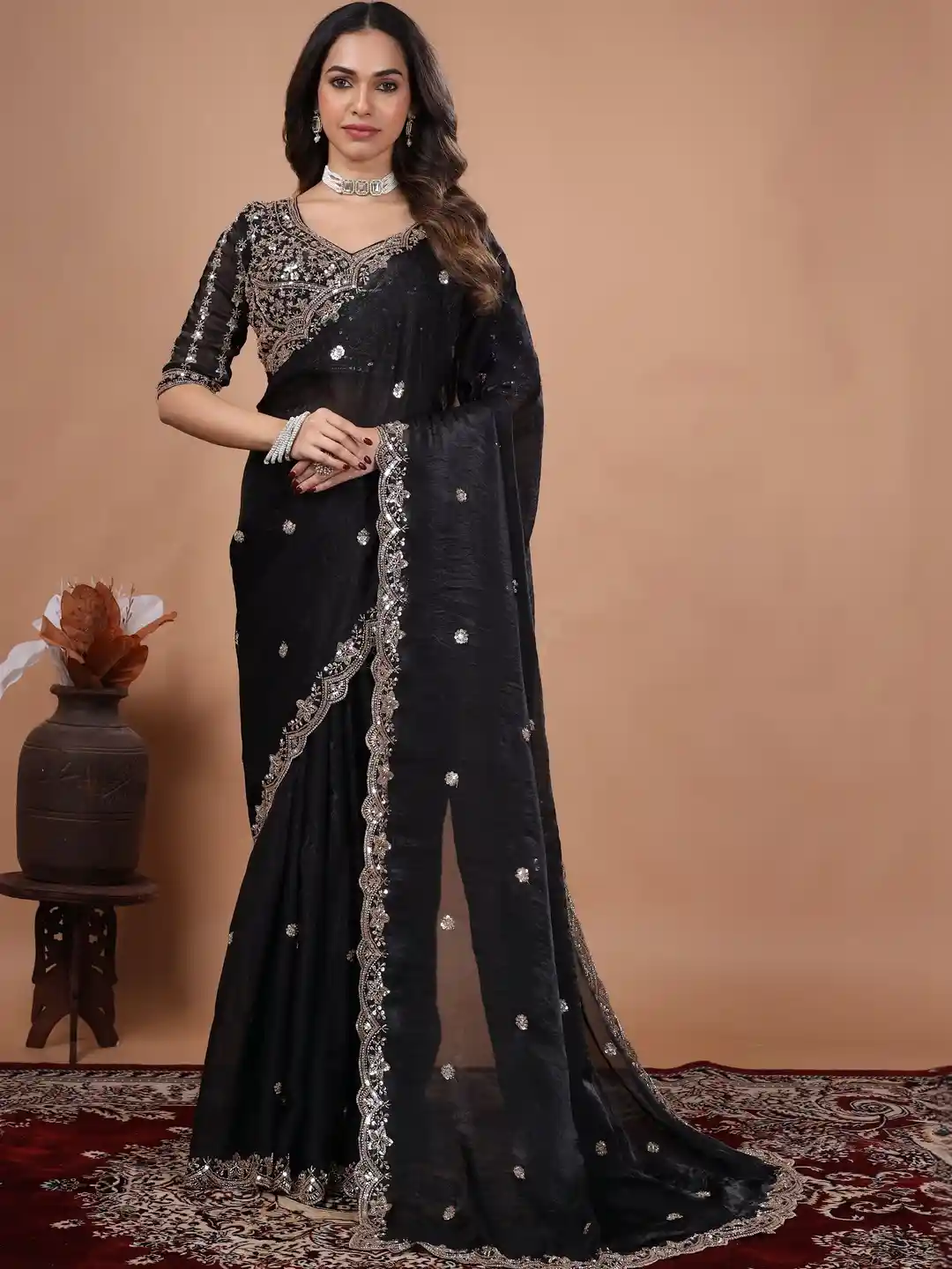 Ultra Luxury Satin Silk Saree with Sequins, Cutdana Beads Embroidery Work (SC35111) - Image 3