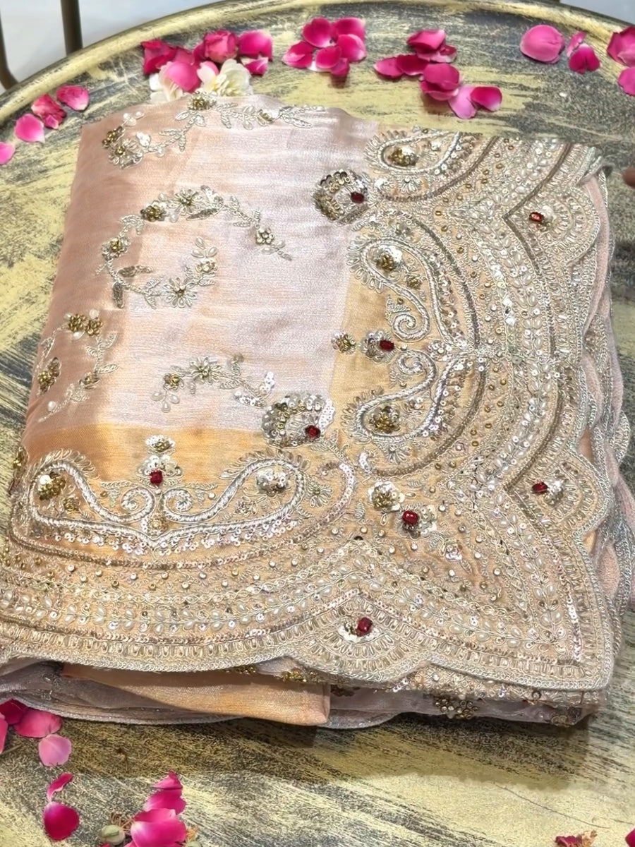 Royal Powder Pink Designer Saree with Heavy Zardosi Pearl & Cutdana Beads Handwork with Readymade Blouse (SC41223) - Image 2