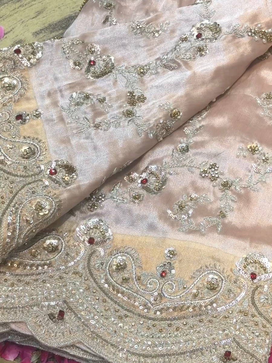 Royal Powder Pink Designer Saree with Heavy Zardosi Pearl & Cutdana Beads Handwork with Readymade Blouse (SC41223) - Image 5