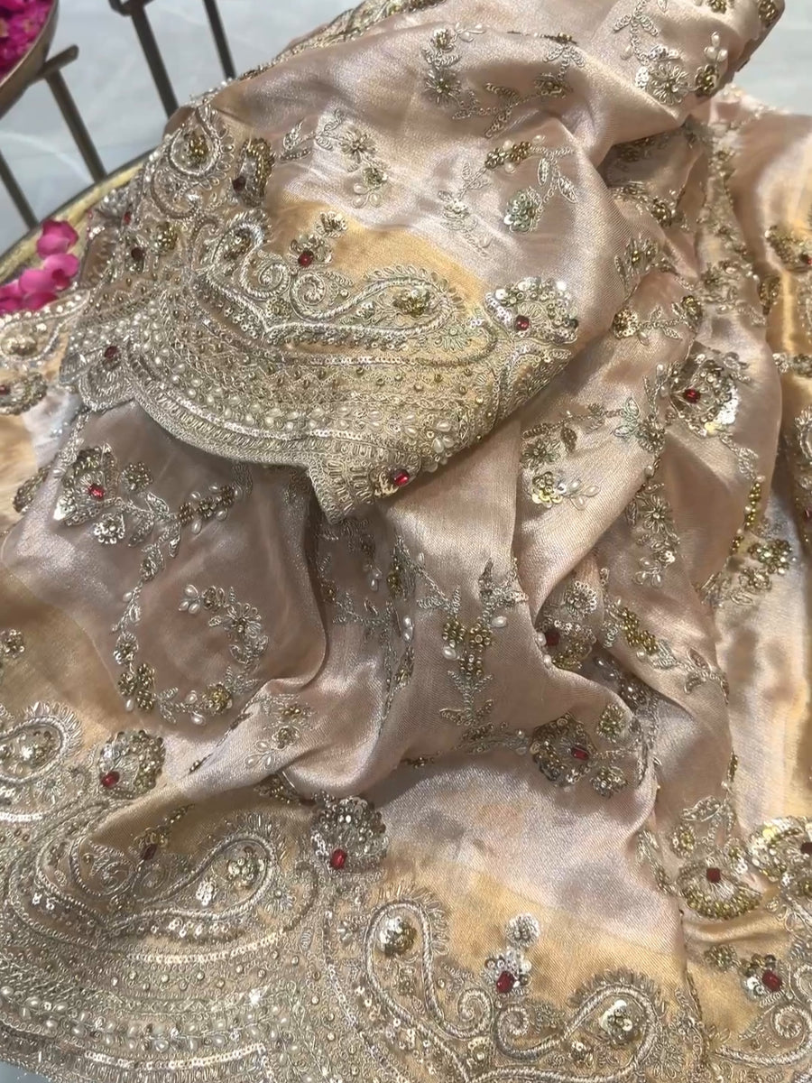 Royal Powder Pink Designer Saree with Heavy Zardosi Pearl & Cutdana Beads Handwork with Readymade Blouse (SC41223) - Image 3