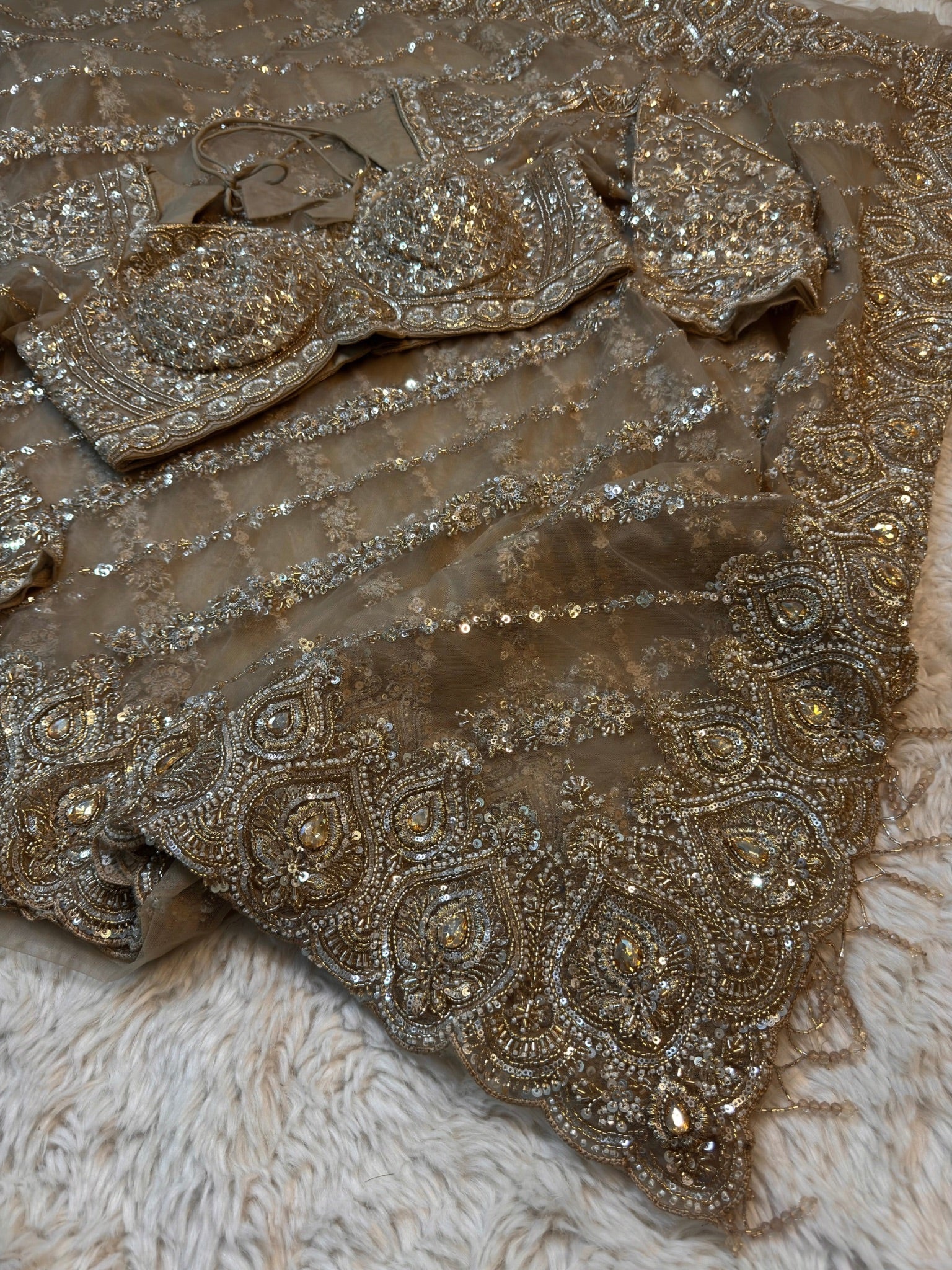 Ultra Luxury Champagne Gold Soft Net Designer Saree with Pearl, Sequins, Cutdana, Beads, Diamond, Zari Embroidery Work Saree with Readymade Blouse (SC39112)