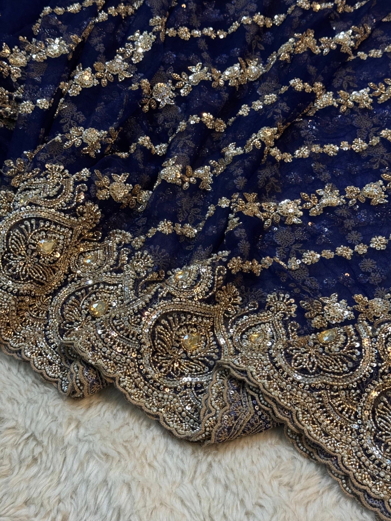 Ultra Luxury Royal Blue Soft Net Designer Saree with Pearl, Sequins, Cutdana, Beads, Diamond, Zari Embroidery Work Saree with Readymade Blouse (SC39111) - Image 2