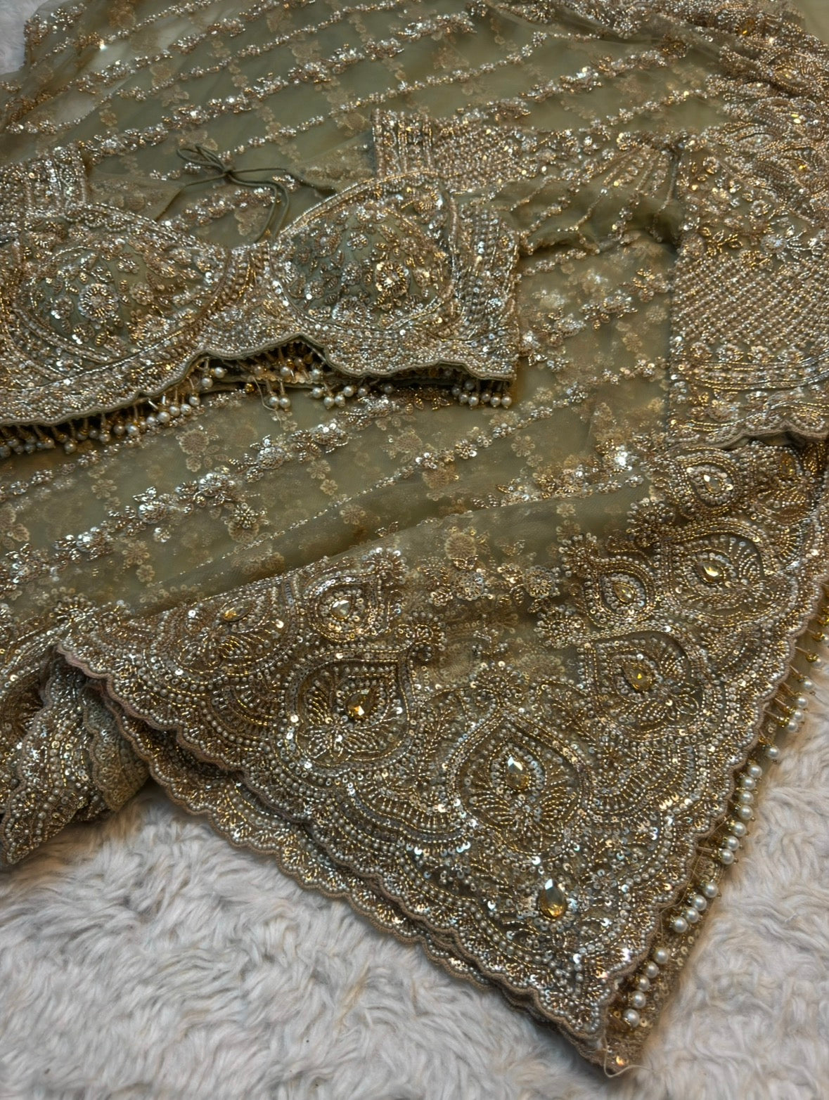 Ultra Luxury Pastel Mint Green Soft Net Designer Saree with Pearl, Sequins, Cutdana, Beads, Diamond, Zari Embroidery Work Saree with Readymade Blouse (SC39113)