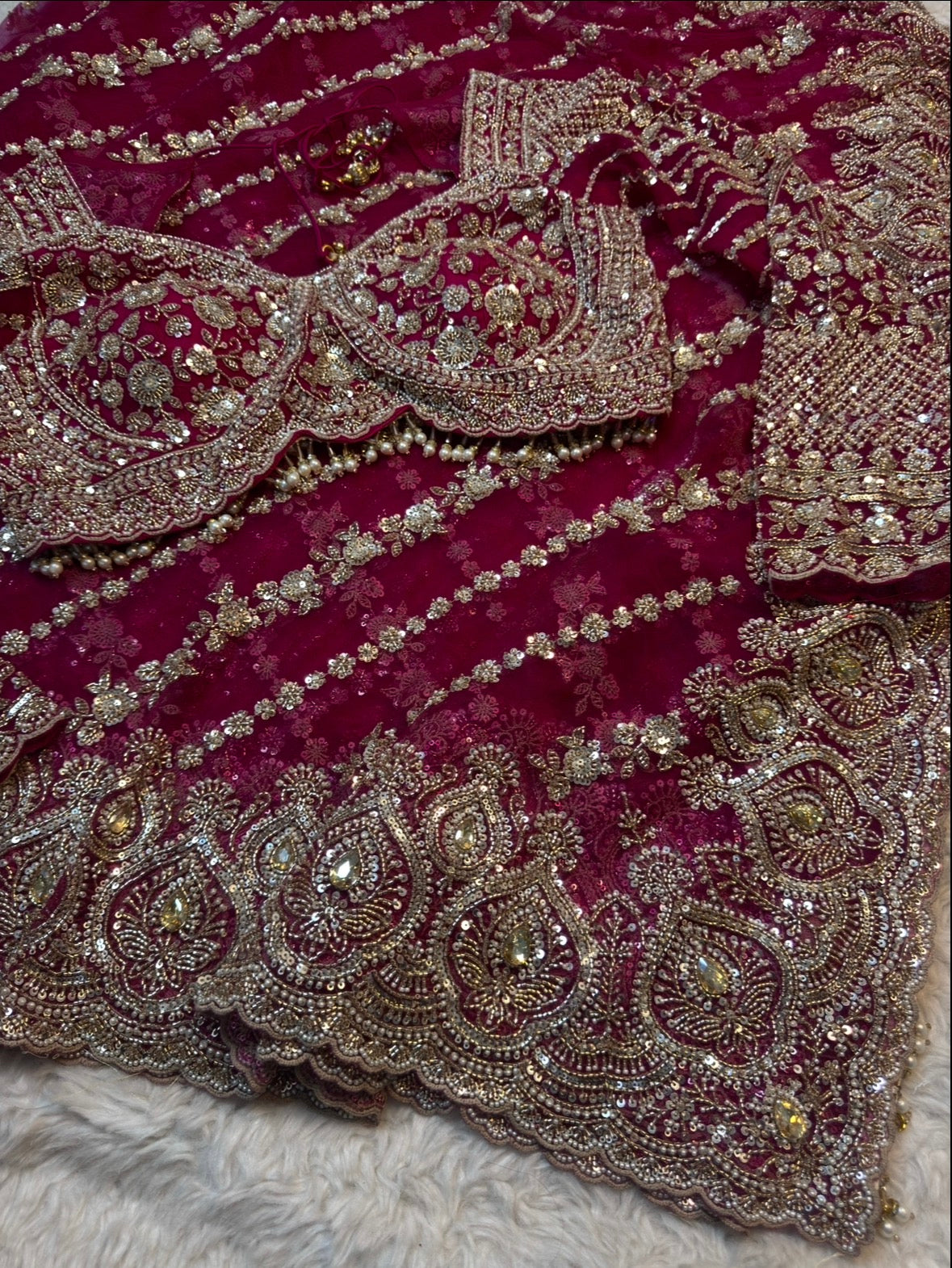 Ultra Luxury Rani Pink Soft Net Designer Saree with Pearl, Sequins, Cutdana, Beads, Diamond, Zari Embroidery Work Saree with Readymade Blouse (SC39115)