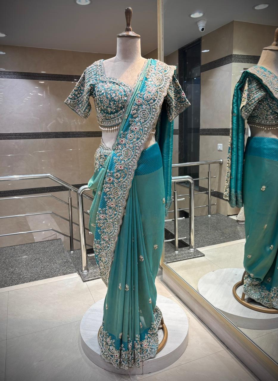 Royal Teal Blue Luxury Designer Saree with Pearl, Zari, Sequins, Cutdana, Beads, Embroidery Work Saree with Readymade Blouse (SC23114) - Image 3