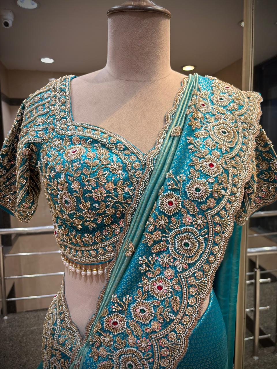 Royal Teal Blue Luxury Designer Saree with Pearl, Zari, Sequins, Cutdana, Beads, Embroidery Work Saree with Readymade Blouse (SC23114) - Image 2