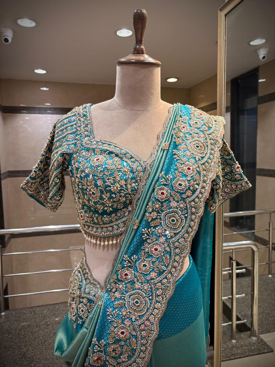 Royal Teal Blue Luxury Designer Saree with Pearl, Zari, Sequins, Cutdana, Beads, Embroidery Work Saree with Readymade Blouse (SC23114)