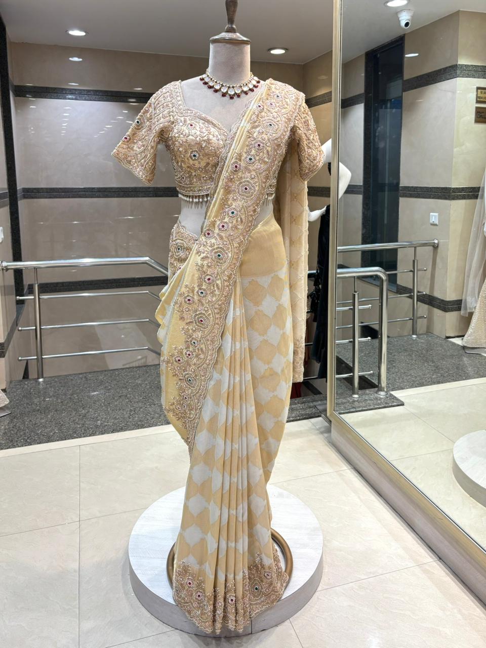Royal Ivory & Golden Luxury Designer Saree with Pearl, Zari, Sequins, Cutdana, Beads, Embroidery Work Saree with Readymade Blouse (SC23112) - Image 2