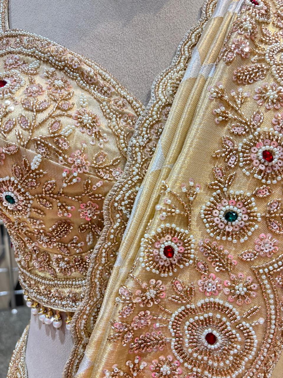 Royal Ivory & Golden Luxury Designer Saree with Pearl, Zari, Sequins, Cutdana, Beads, Embroidery Work Saree with Readymade Blouse (SC23112) - Image 3