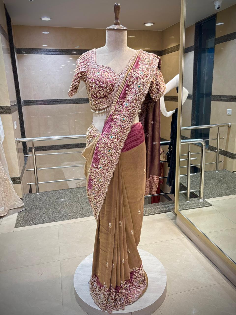 Royal Magenta & Golden Beige Luxury Designer Saree with Pearl, Zari, Sequins, Cutdana, Beads, Embroidery Work Saree with Readymade Blouse (SC23113) - Image 2