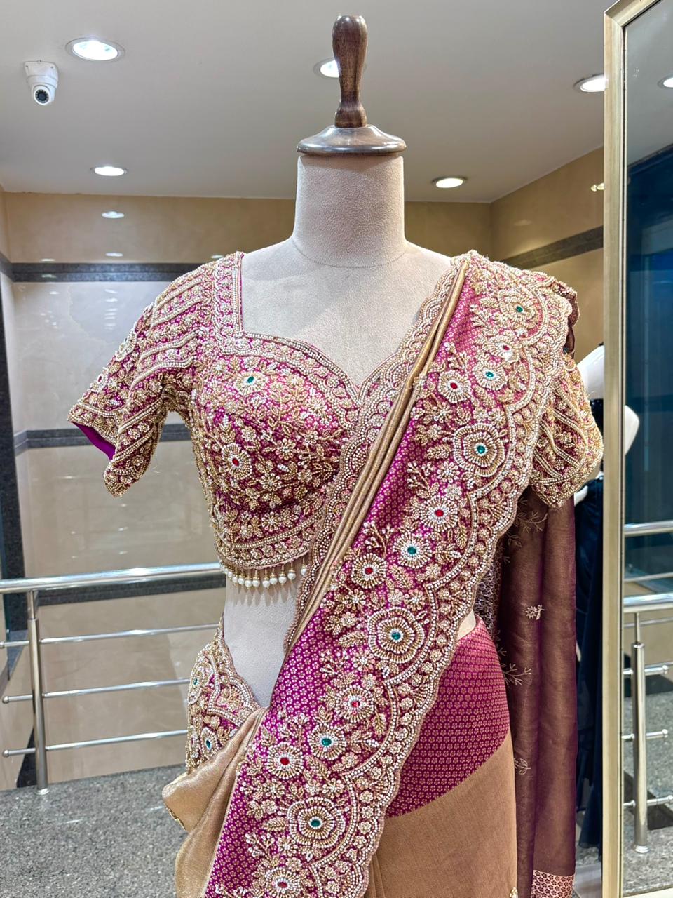 Royal Magenta & Golden Beige Luxury Designer Saree with Pearl, Zari, Sequins, Cutdana, Beads, Embroidery Work Saree with Readymade Blouse (SC23113)