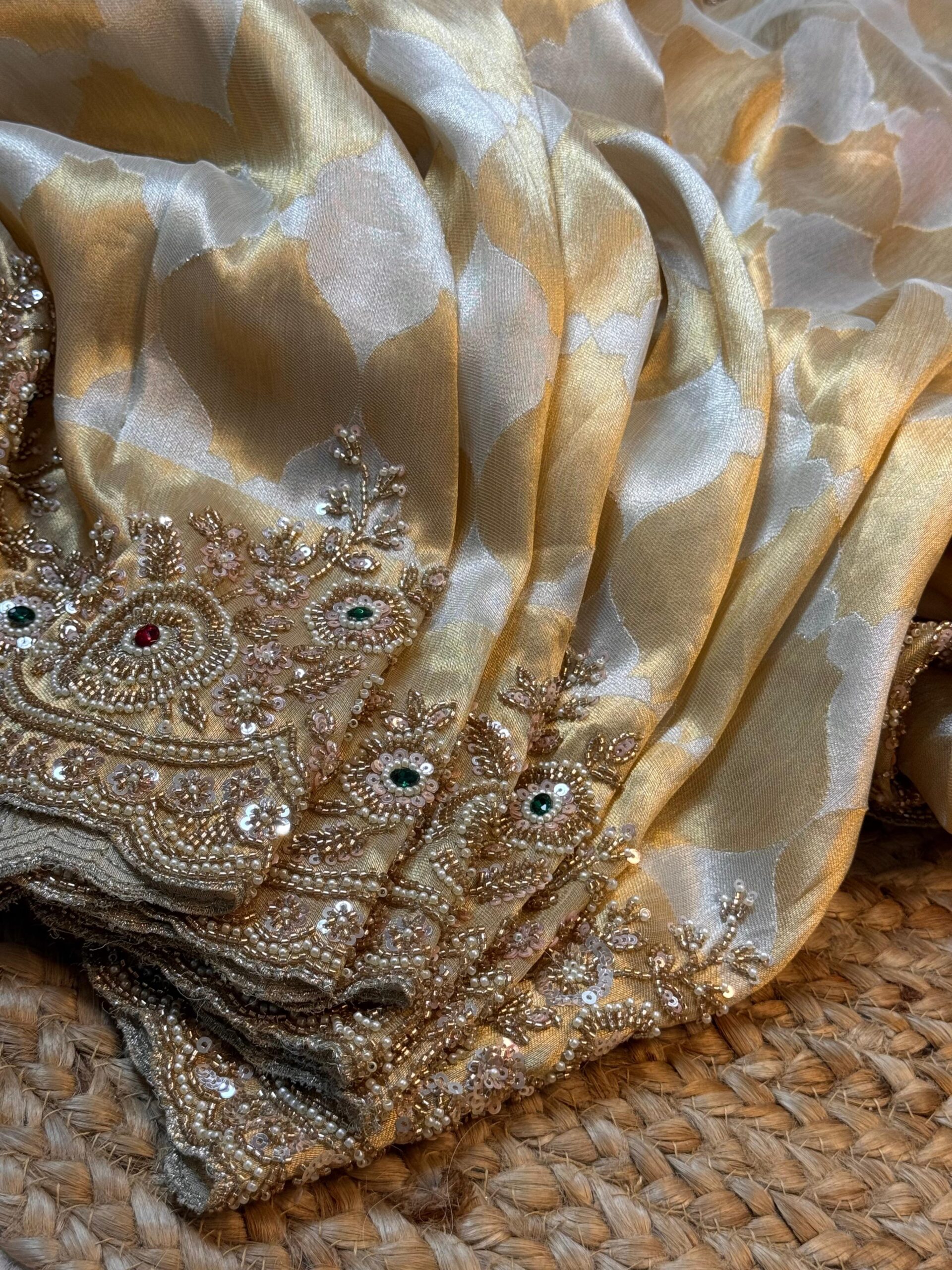 Royal Ivory & Golden Luxury Designer Saree with Pearl, Zari, Sequins, Cutdana, Beads, Embroidery Work Saree with Readymade Blouse (SC23111) - Image 3