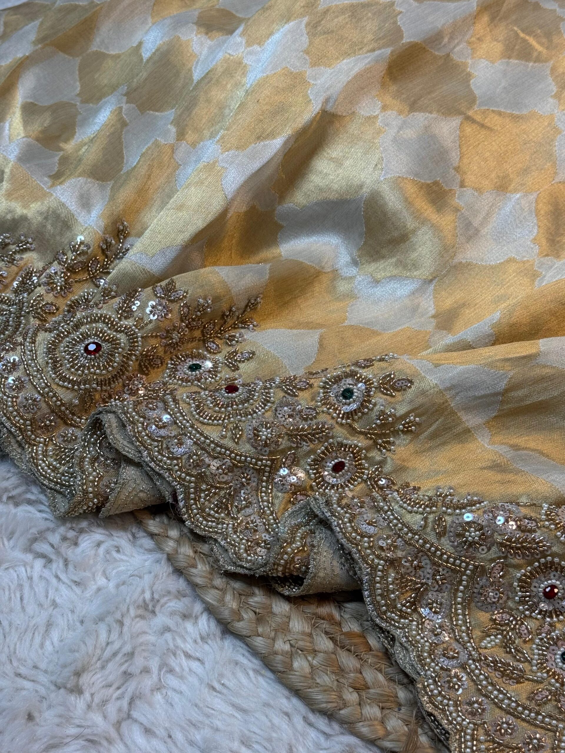 Royal Ivory & Golden Luxury Designer Saree with Pearl, Zari, Sequins, Cutdana, Beads, Embroidery Work Saree with Readymade Blouse (SC23111) - Image 4