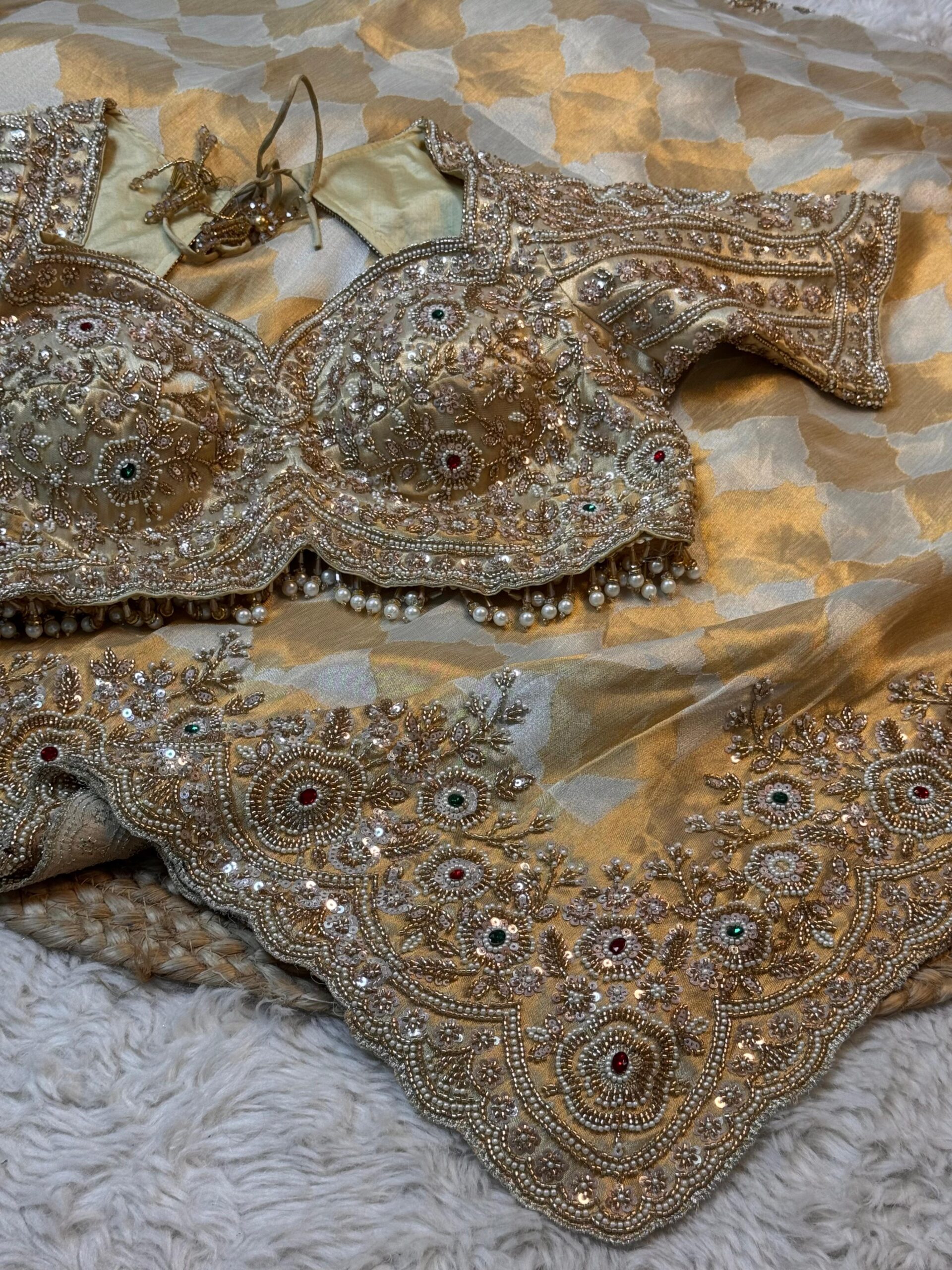 Royal Ivory & Golden Luxury Designer Saree with Pearl, Zari, Sequins, Cutdana, Beads, Embroidery Work Saree with Readymade Blouse (SC23111)