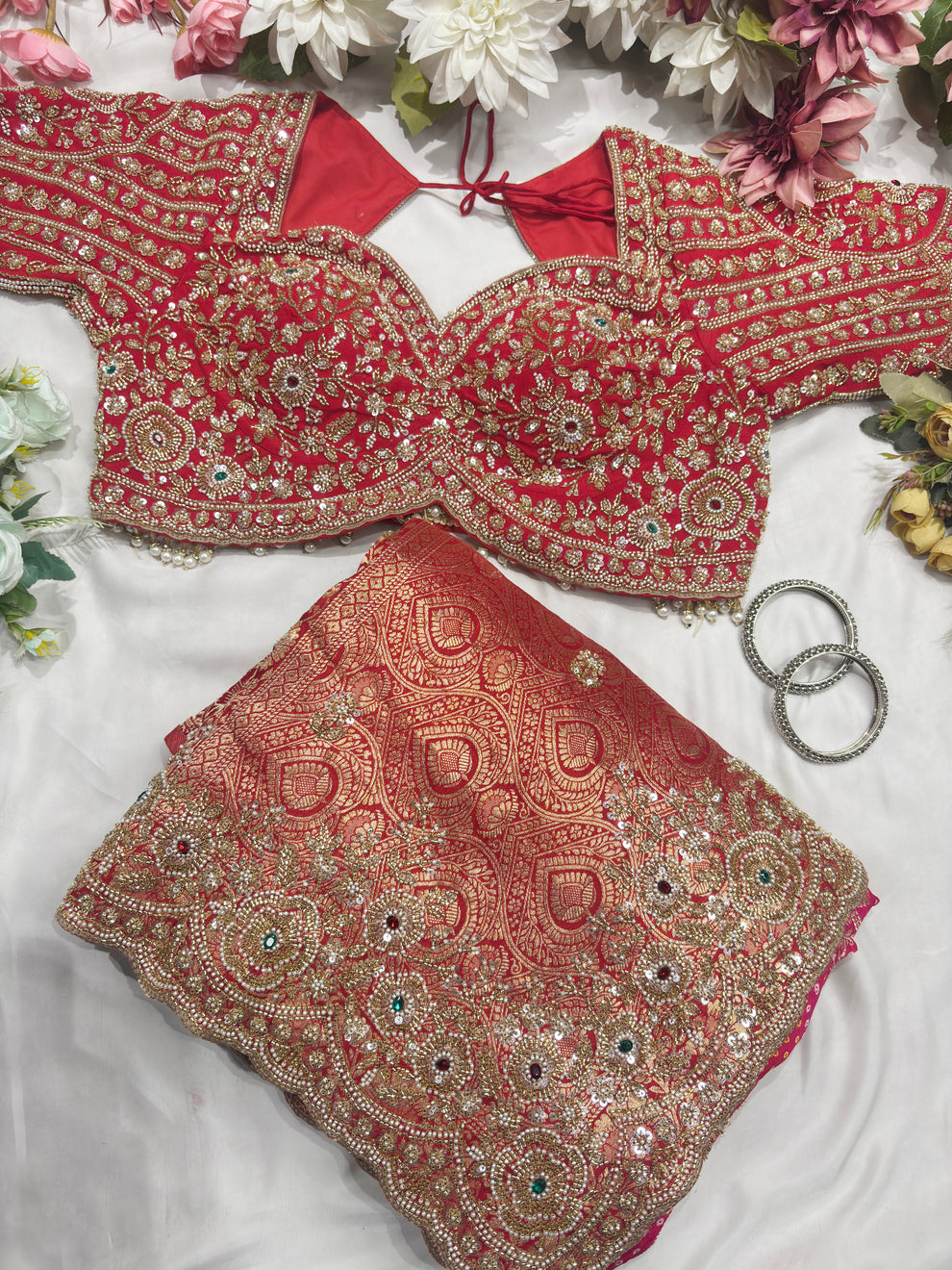 Royal Red Luxury Designer Saree with Pearl, Zari, Sequins, Cutdana, Beads Embroidery Work Saree with Readymade Blouse (SC23114)
