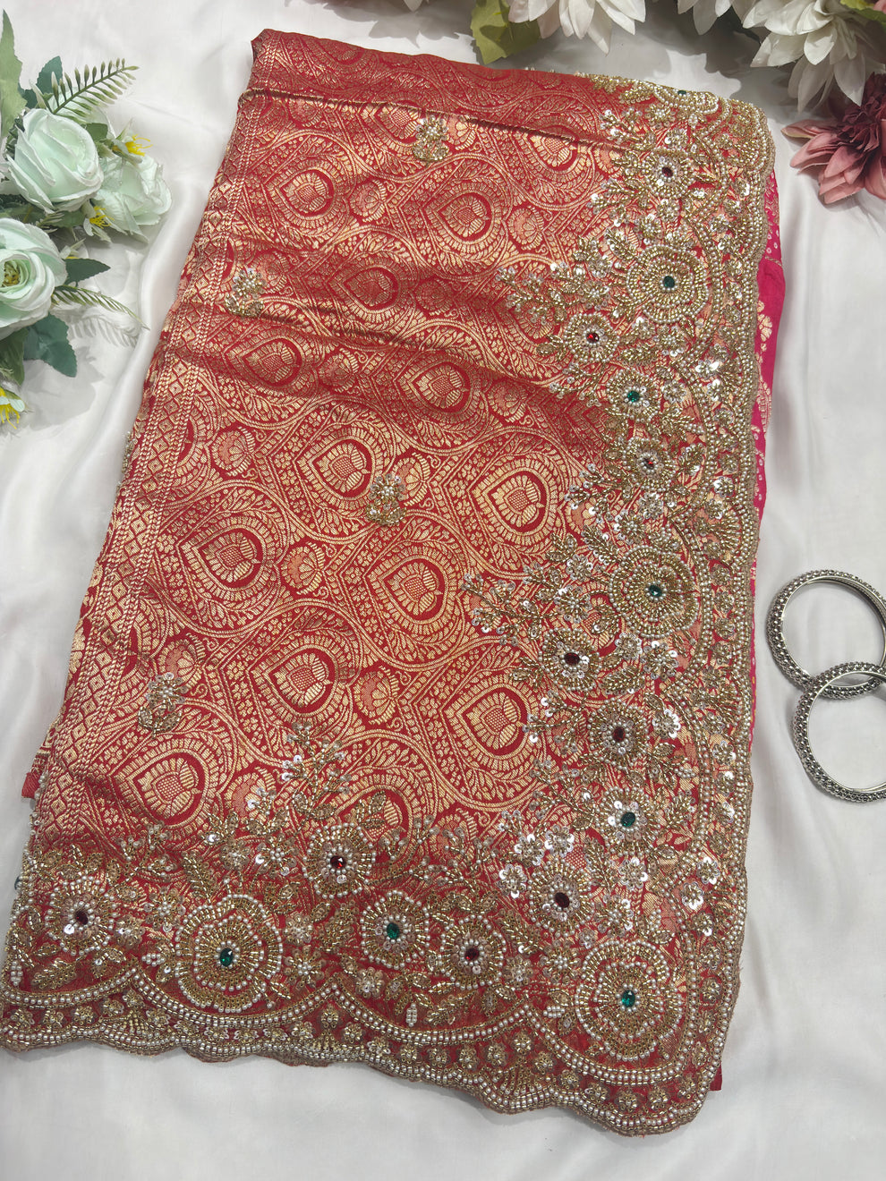 Royal Red Luxury Designer Saree with Pearl, Zari, Sequins, Cutdana, Beads Embroidery Work Saree with Readymade Blouse (SC23114) - Image 8