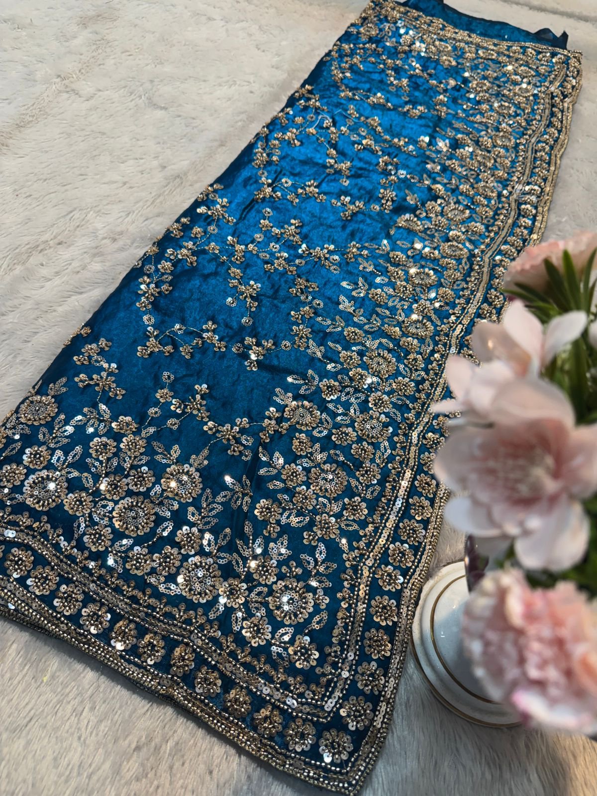 Ultra Luxury Classic Blue Satin Silk Saree with Gold Beads, Cutdana, Sequins Embroidery Work (SC38111) - Image 2