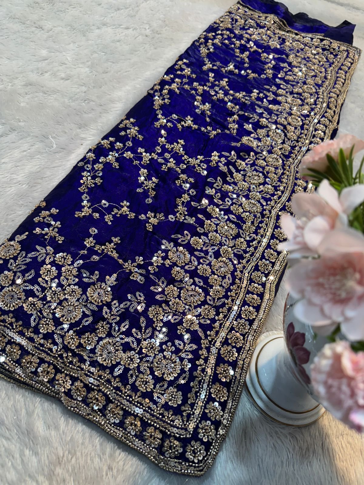 Ultra Luxury Blue Fandy Satin Silk Saree with Gold Beads, Cutdana, Sequins Embroidery Work (SC38112)