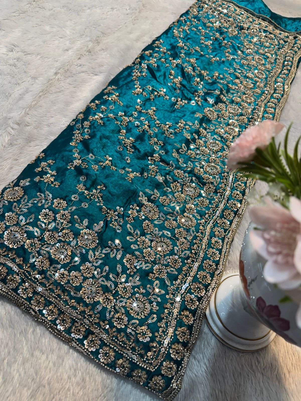 Ultra Luxury Emerald Fandy Satin Silk Saree with Gold Beads, Cutdana, Sequins Embroidery Work (SC38113) - Image 2