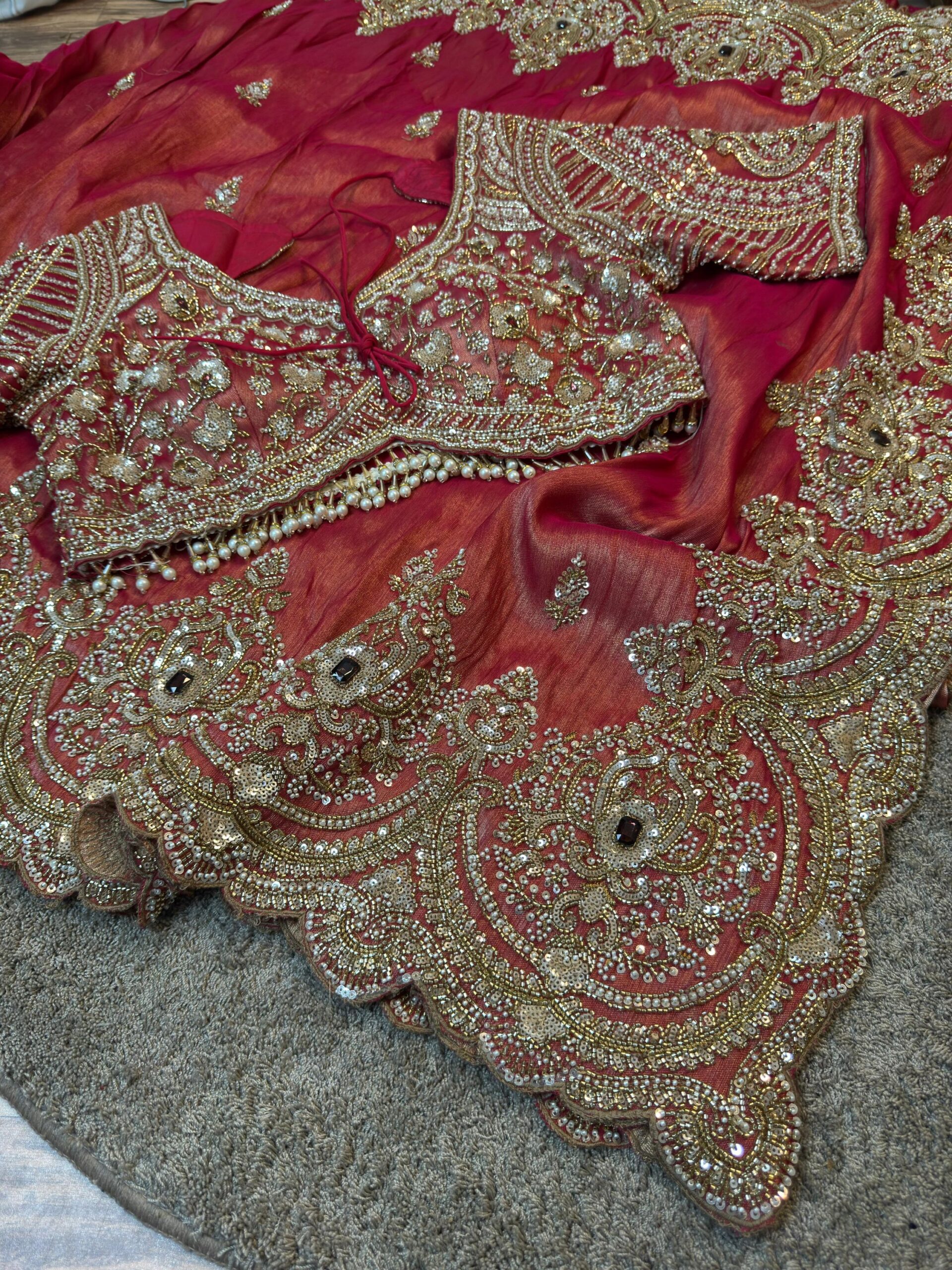 Ultra Luxury Ruby Red Silk Saree with Pearl, Zari, Sequins, Cutdana, Beads, Diamond Embroidery Work Saree with Readymade Blouse (SC42111) - Image 9