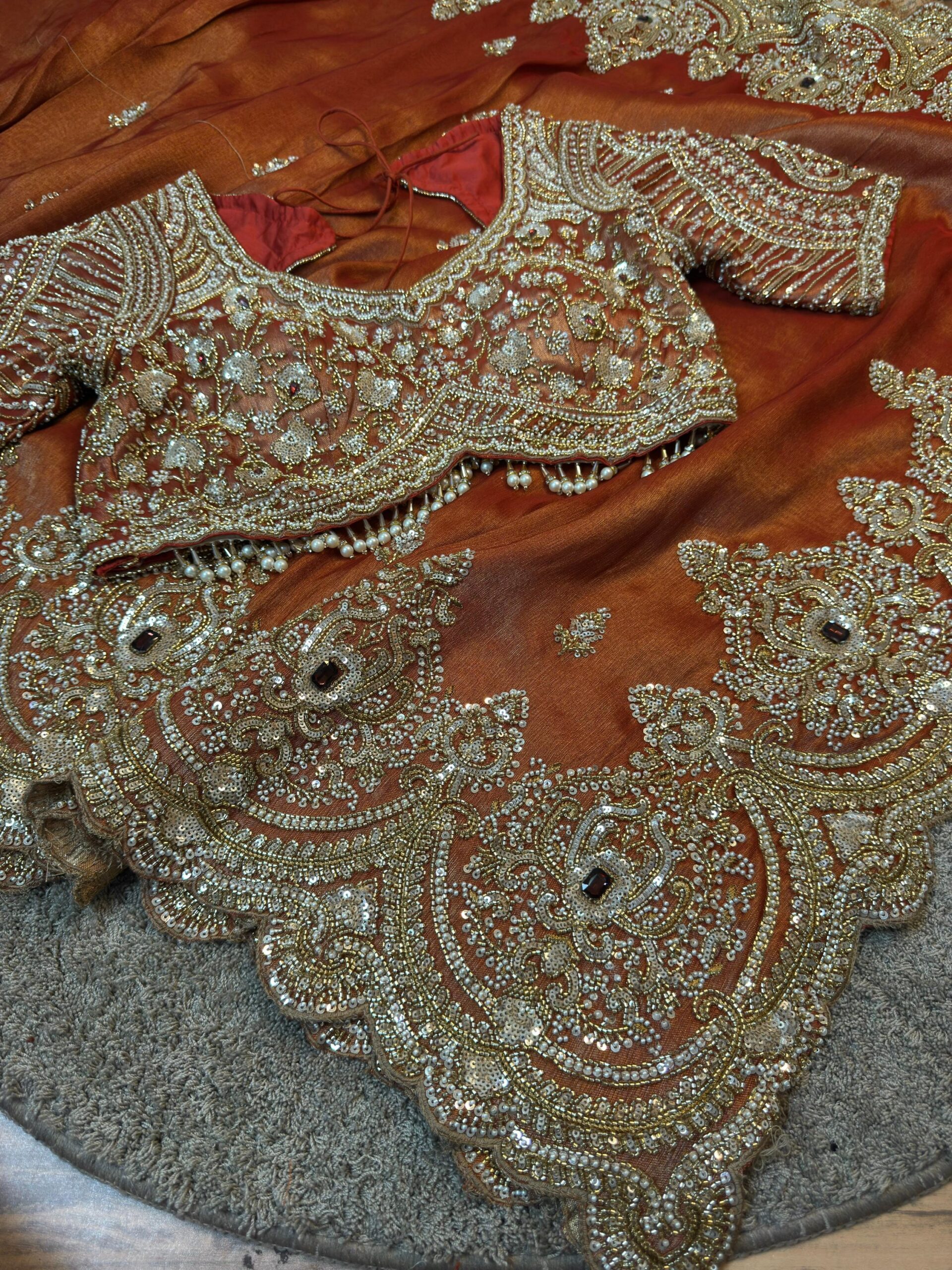 Ultra Luxury Rust Copper Silk Saree with Pearl, Zari, Sequins, Cutdana, Beads, Diamond Embroidery Work Saree with Readymade Blouse (SC42112) - Image 7