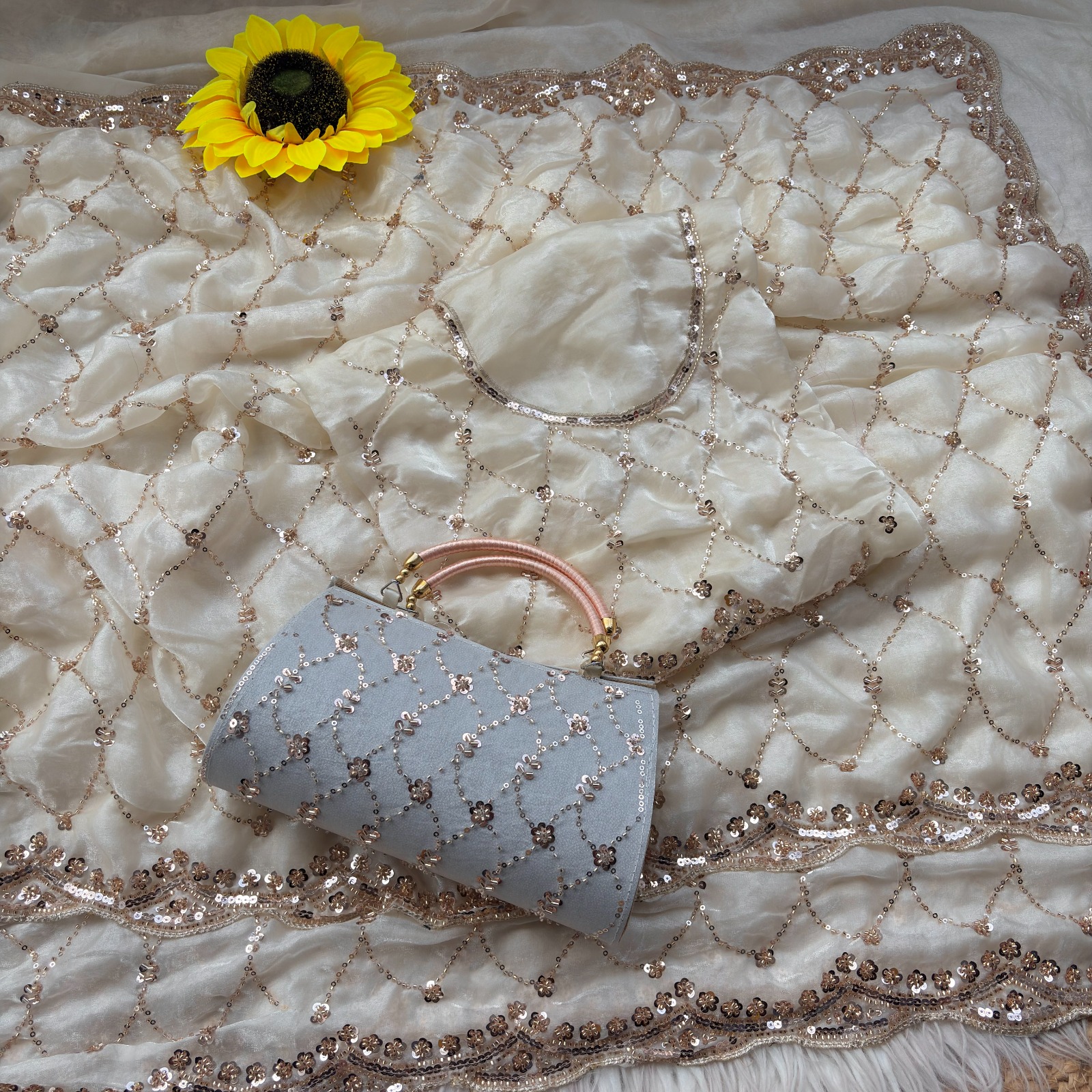 Ultra Luxury Ivory Pure Space Silk Saree with Cutdana Beads Work, Sequins Embroidery Work and Matching Premium Purse (SC81118)