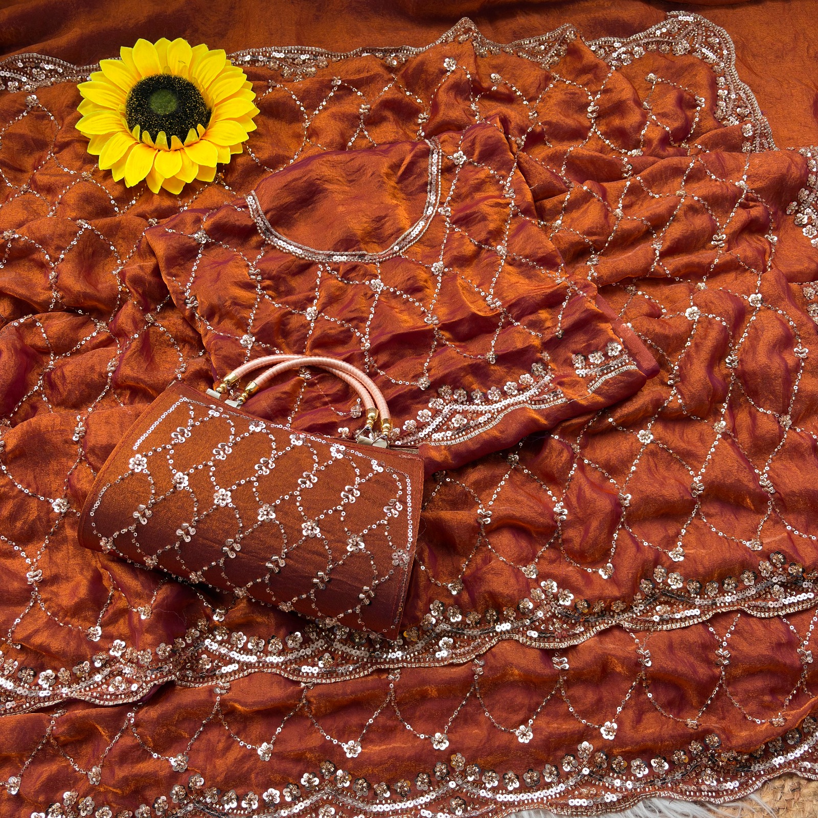 Ultra Luxury Rust Orange Pure Space Silk Saree with Cutdana Beads Work, Sequins Embroidery Work and Matching Premium Purse (SC81111)
