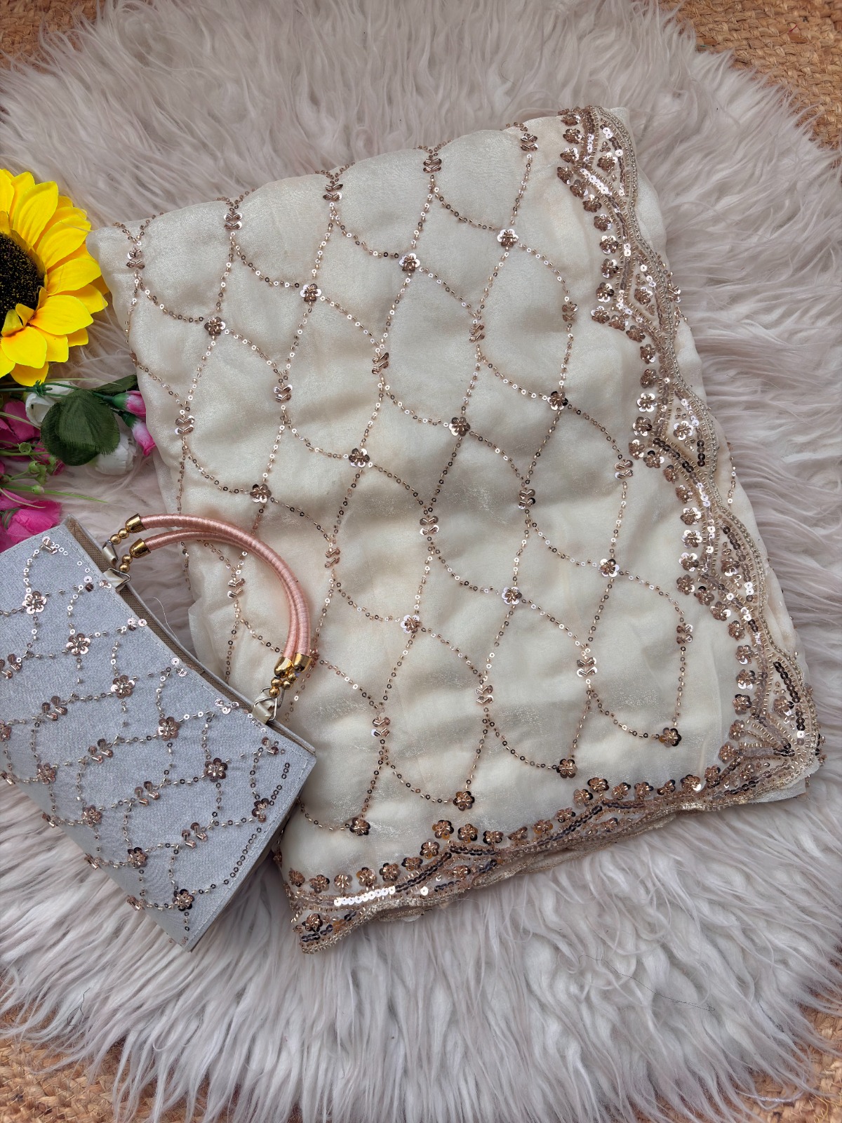 Ultra Luxury Ivory Pure Space Silk Saree with Cutdana Beads Work, Sequins Embroidery Work and Matching Premium Purse (SC81118) - Image 2