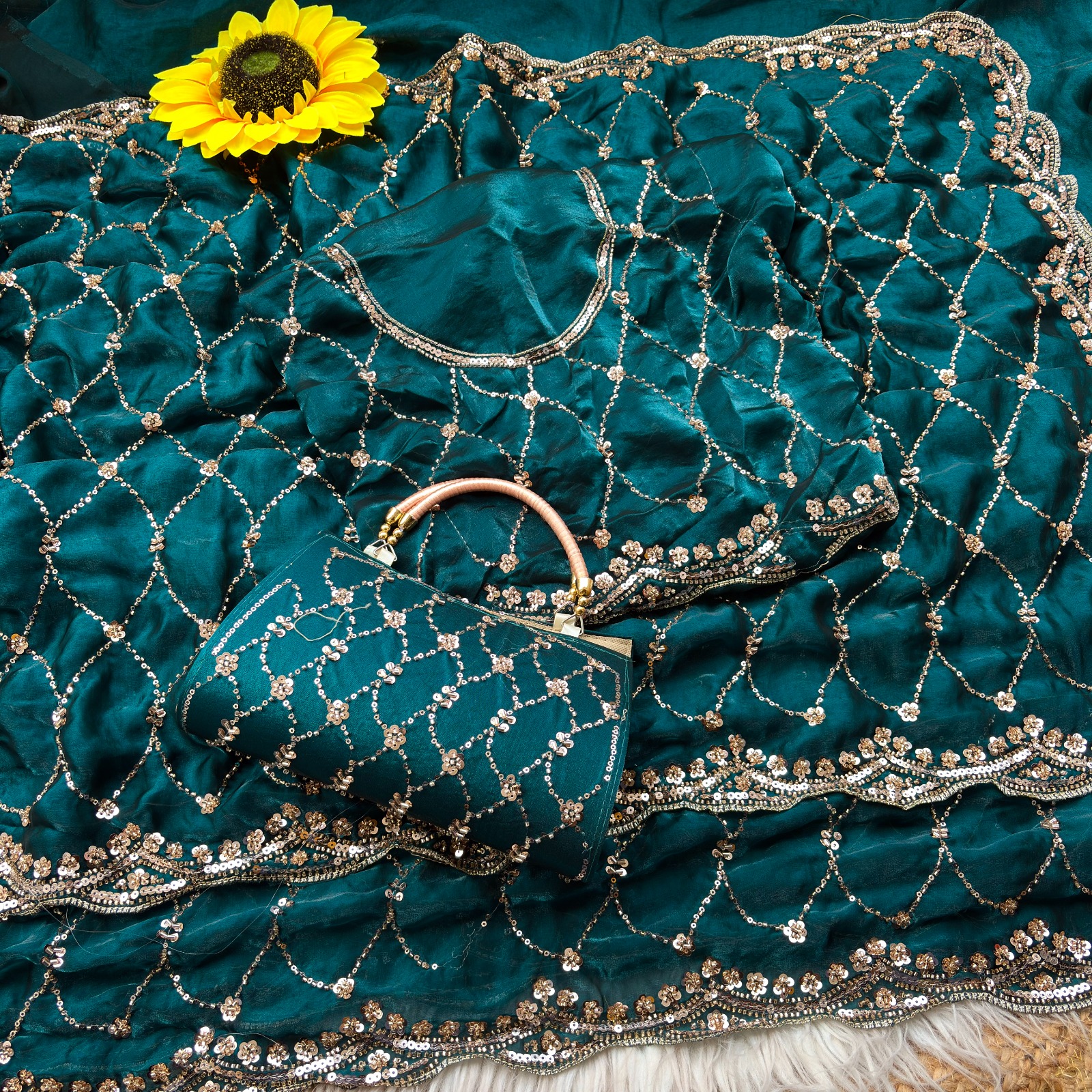 Ultra Luxury Teal Space Silk Saree with Cutdana Beads Work, Sequins Embroidery Work and Matching Premium Purse (SC81122)